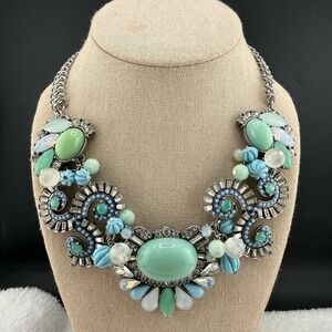 Chloe + Isabel Statement Necklace Mint Blue Silver Tone Bib Bird Charm 16-18in